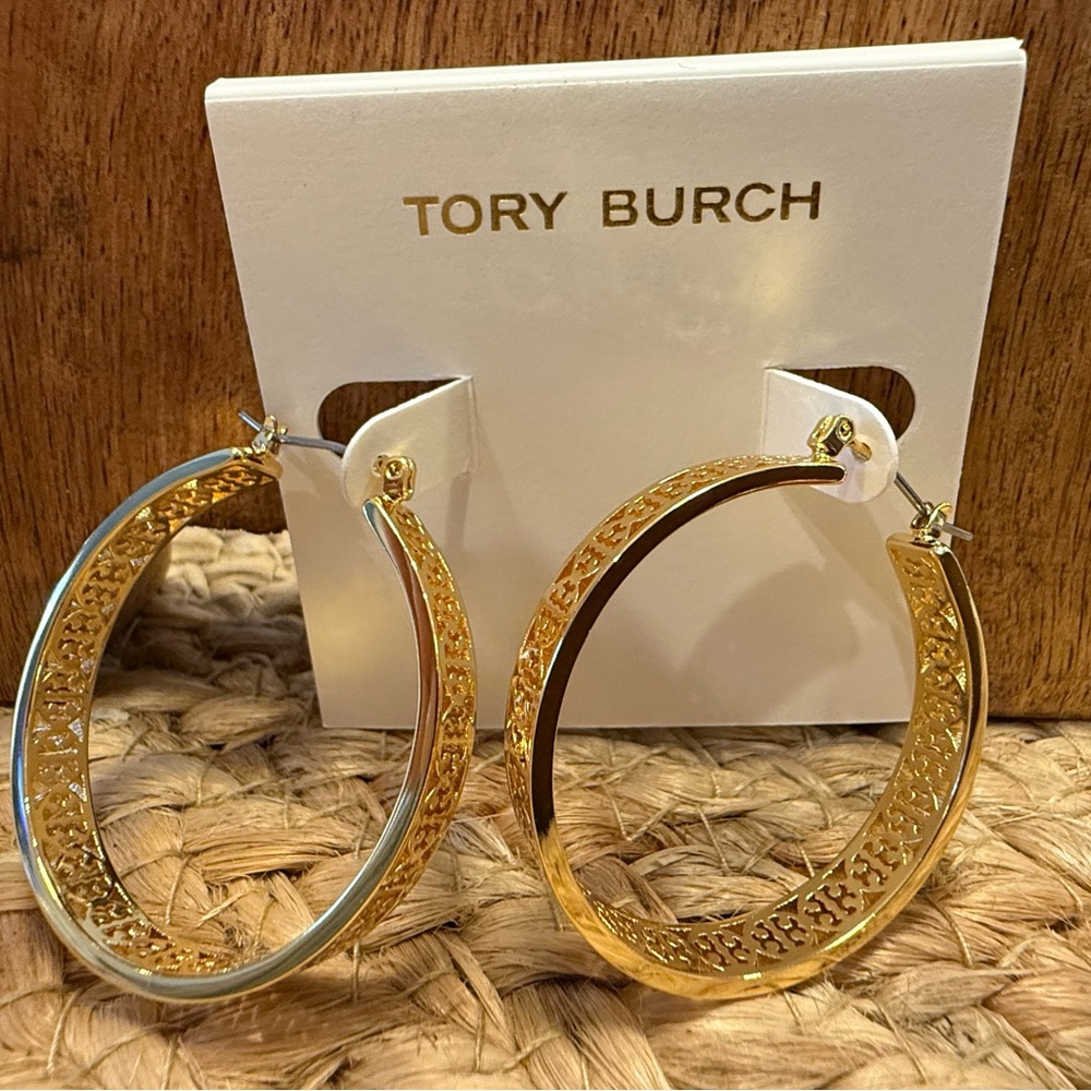 Gold Accent Hoop Tory Burch GOLD Logo Hoop earrings